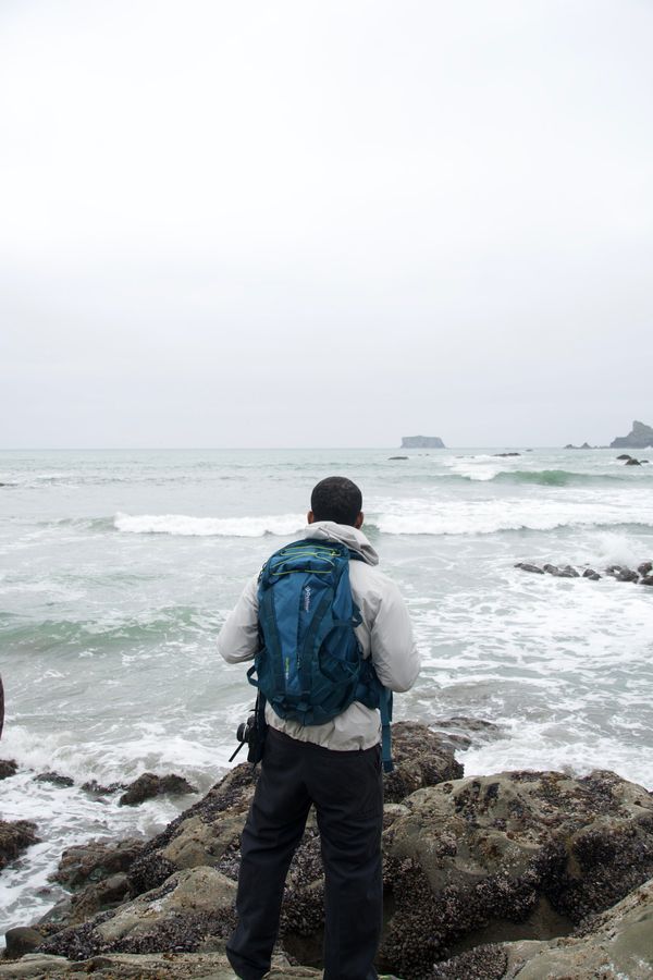 A person with a blue backpack stands on barnacled rocks looking out at grey surf and sea stacks